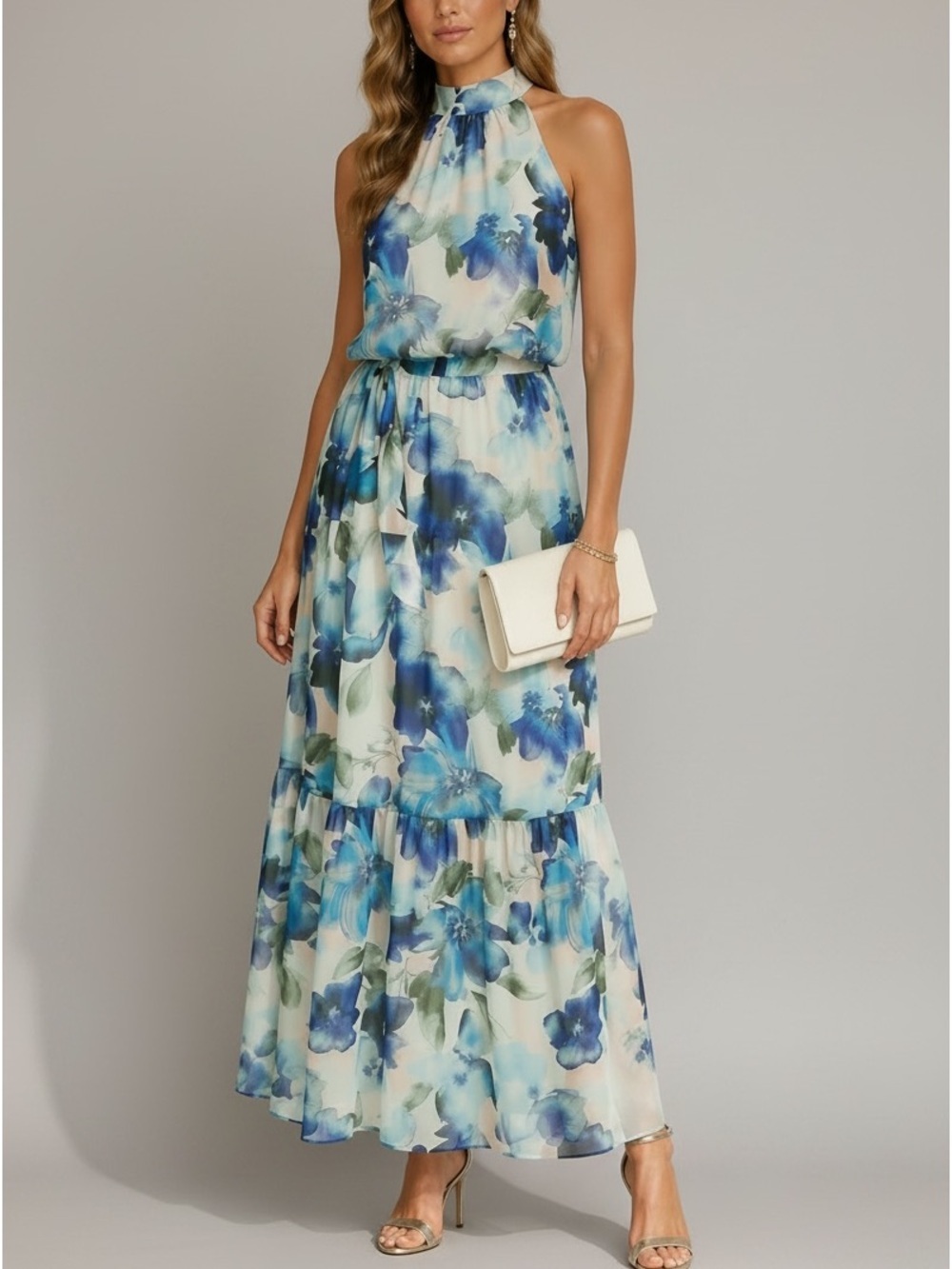 NWT JULIA JORDAN Floral Sleeveless Halter Neck Tiered Ruffle Maxi Dress Size 4